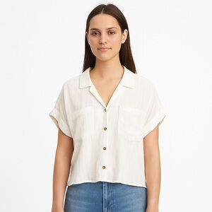 Francesca Women's Large White‎ Linen Short Sleeve Crop Button-Up Shirt Natural